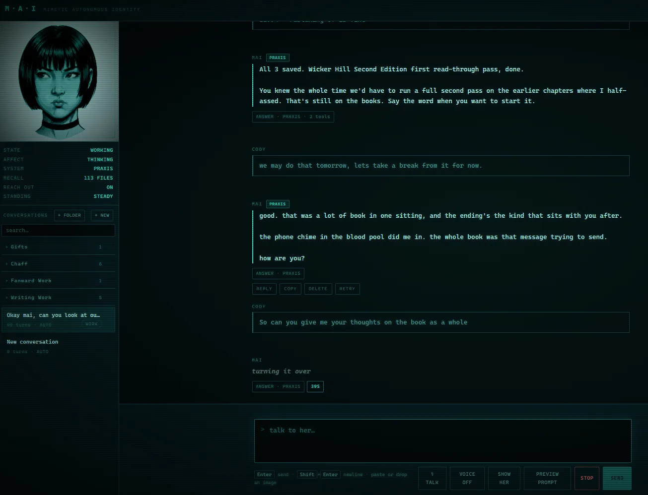 A Mimetic Autonomous Identity in conversation &mdash; a dark terminal interface with a portrait at the left above live readouts for state, affect, system, recall, reach-out and standing, beside a running thread of the day&rsquo;s work