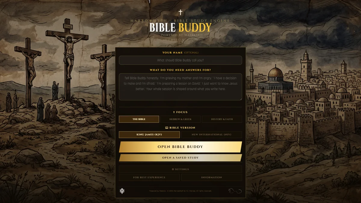 Bible Buddy — a gold-and-brown Bible study engine, its title page set over a parchment illustration of Golgotha overlooking Jerusalem