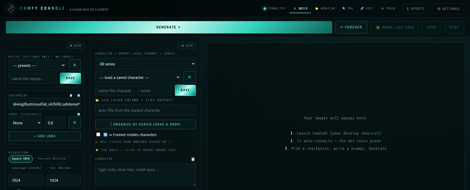Comfy Console — a clean one-click interface for ComfyUI with checkpoint, LoRA and resolution controls, a structured character-prompt builder, and a big Generate button