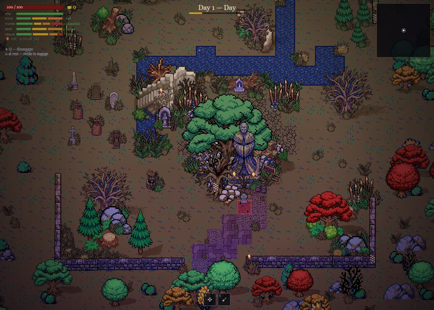 Helsing: Nightfall gameplay — a top-down shrine and graveyard with the survival HUD showing health, stamina, food, water, rest and dread meters, a day clock, and a minimap