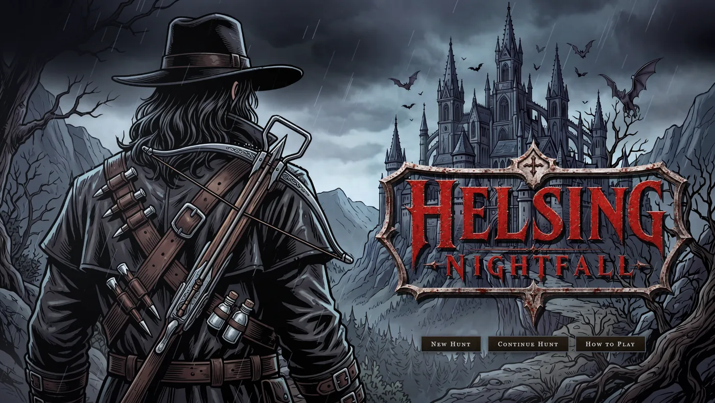 Helsing: Nightfall title screen — a monster hunter seen from behind in a wide-brimmed hat, a crossbow and stakes strapped across his back, facing a storm-lashed gothic castle wheeling with bats; the blood-red Helsing: Nightfall logo beside him over New Hunt, Continue Hunt and How to Play