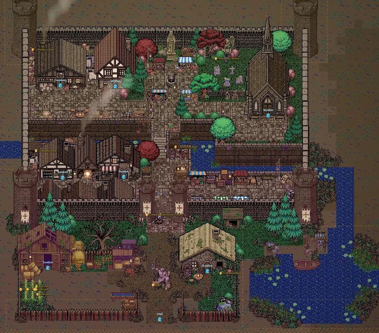 Helsing: Nightfall gameplay — a walled gothic town seen from above: stone ramparts and gatehouses, timbered houses with smoking chimneys, a church beside a graveyard, market stalls, and a river and farmstead outside the walls