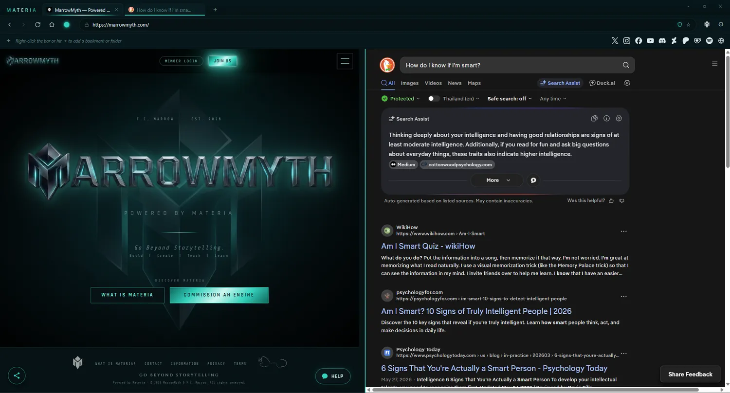 Materia Browser in split view — a website on the left, an AI chat on the right