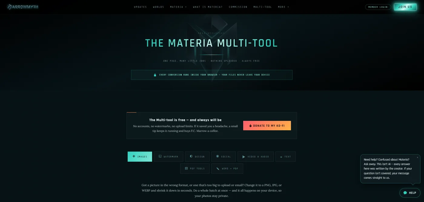 The Materia Multi-tool — a free in-browser toolkit with tabs for images, watermark, design, social, video & audio, text, PDF, and Word to PDF
