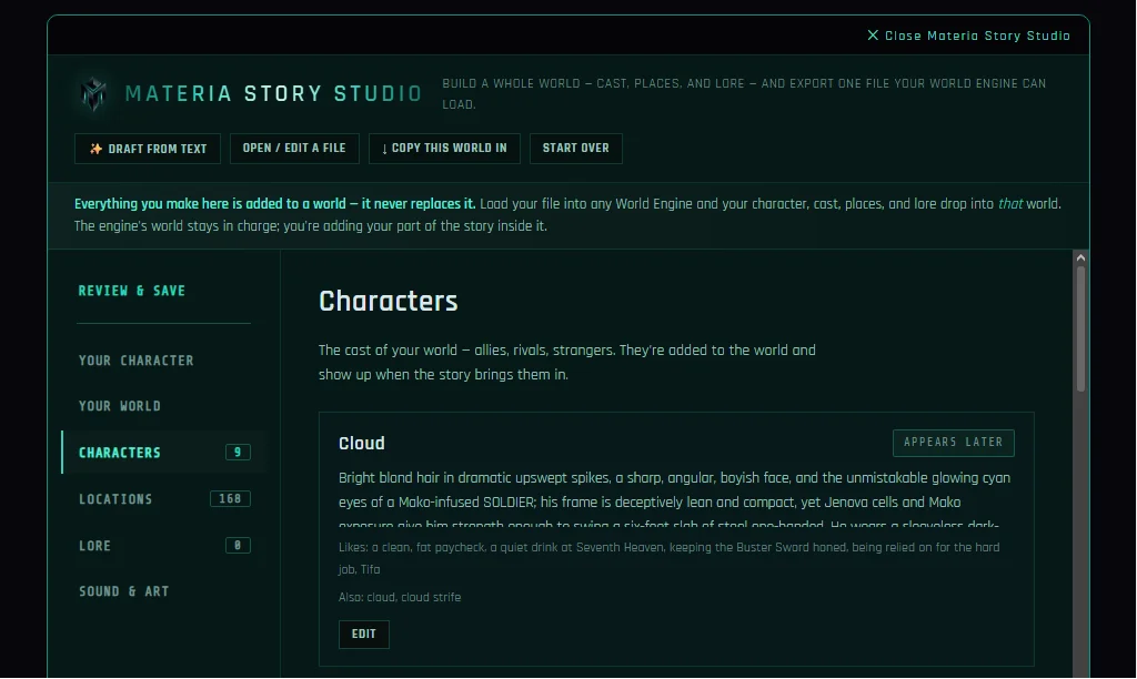 Materia Story Studio — editing a world's cast, places, and relationships